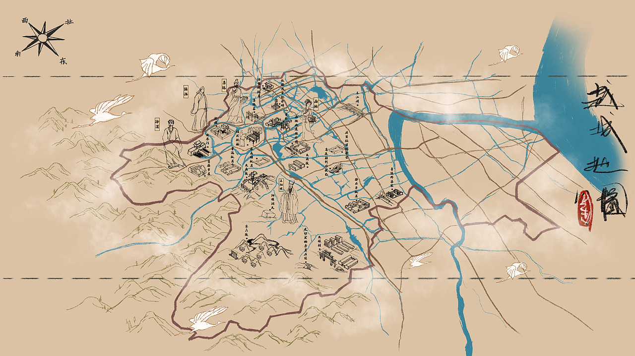 江南绍兴越城文化手绘地图