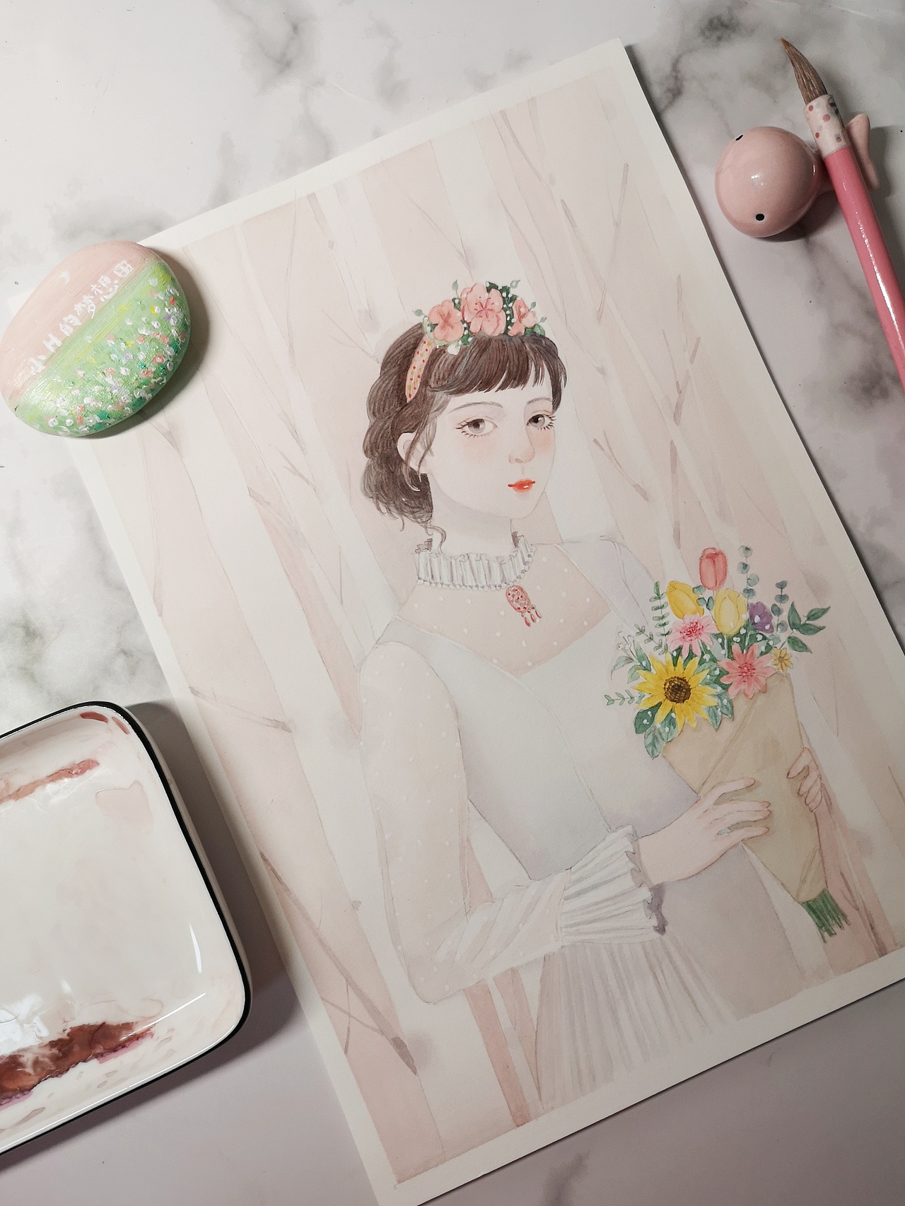 少女插画 水彩手绘