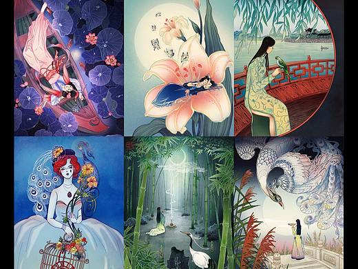 古风国潮中国风原创插画 6p 竹鹤荷雀