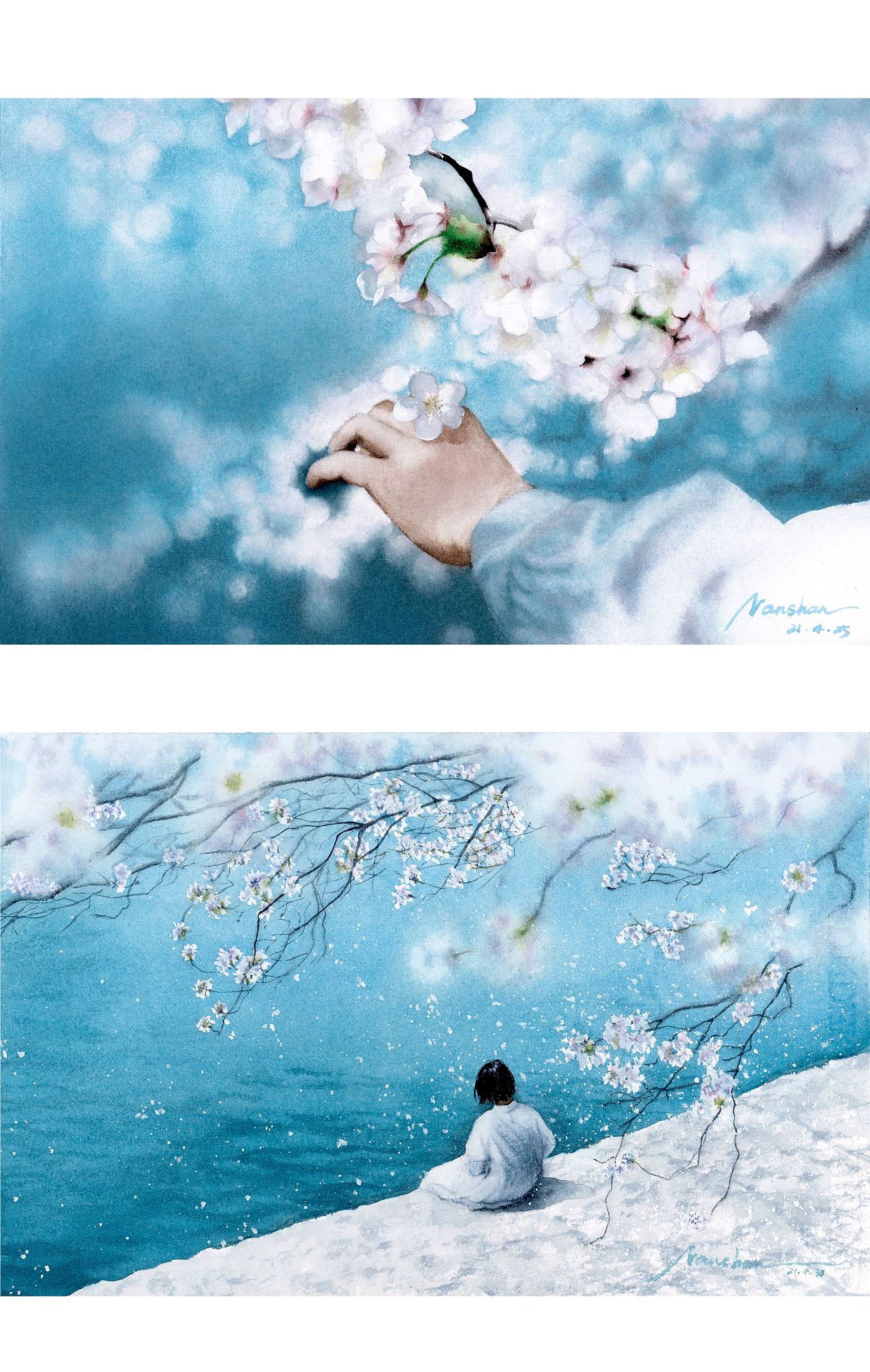 春樱二 水彩写实 风景人物场景 原创