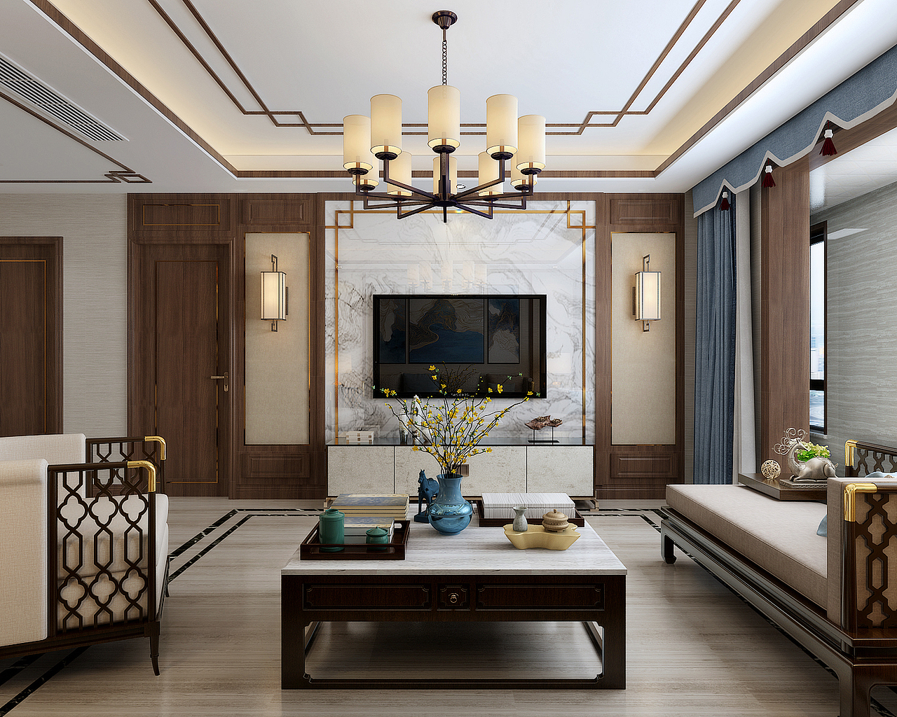 ④:背景墙与吊顶灯光呼应
电视墙一般与顶面的局部吊顶相呼应,吊顶上一般都有灯,所以要考虑墙面造型与灯光相呼应,照明灯的颜色和强度也应该留意,不要运用瓦数过大或颜色太耀眼的灯泡,这样在观影时才不会有双眼刺痛或眩晕的感觉。