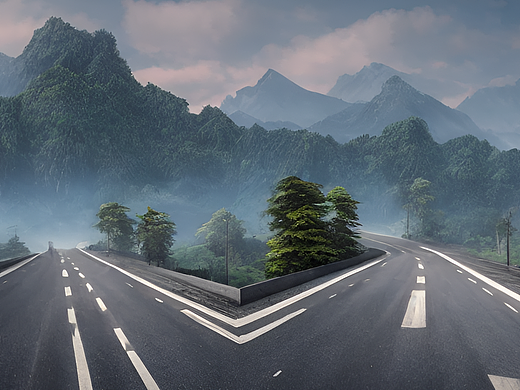 #站酷梦笔#柏油路和山峦与雾蒙蒙的风景