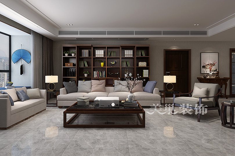 郑州尚书苑240平大平层新中式风格装修案例欣赏---沙发背景墙