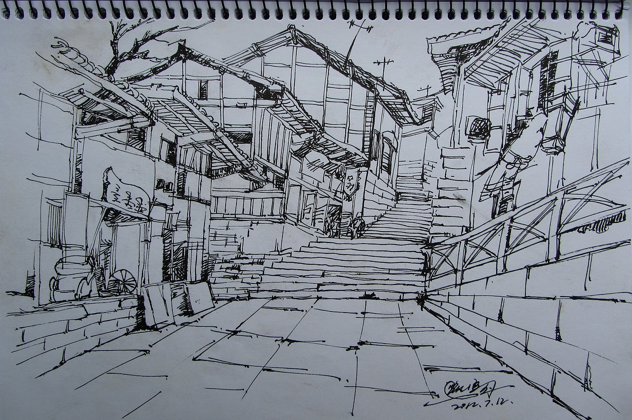 钢笔画建筑风景手绘线稿