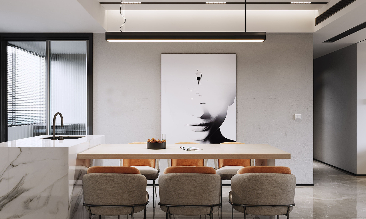 铭勇装饰—餐厅
【餐厅空间】<br>公共区域利用两个方正的空间打造出较大的自由活动区。客厅与餐厅空间一体化后,拥有了更多的“大、小空间”随时互换;中岛台水吧与餐厅的融合令空间感更加通透同时用餐更加舒心自由。