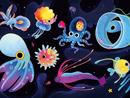 可爱的酷酷的海洋生物  产品插画