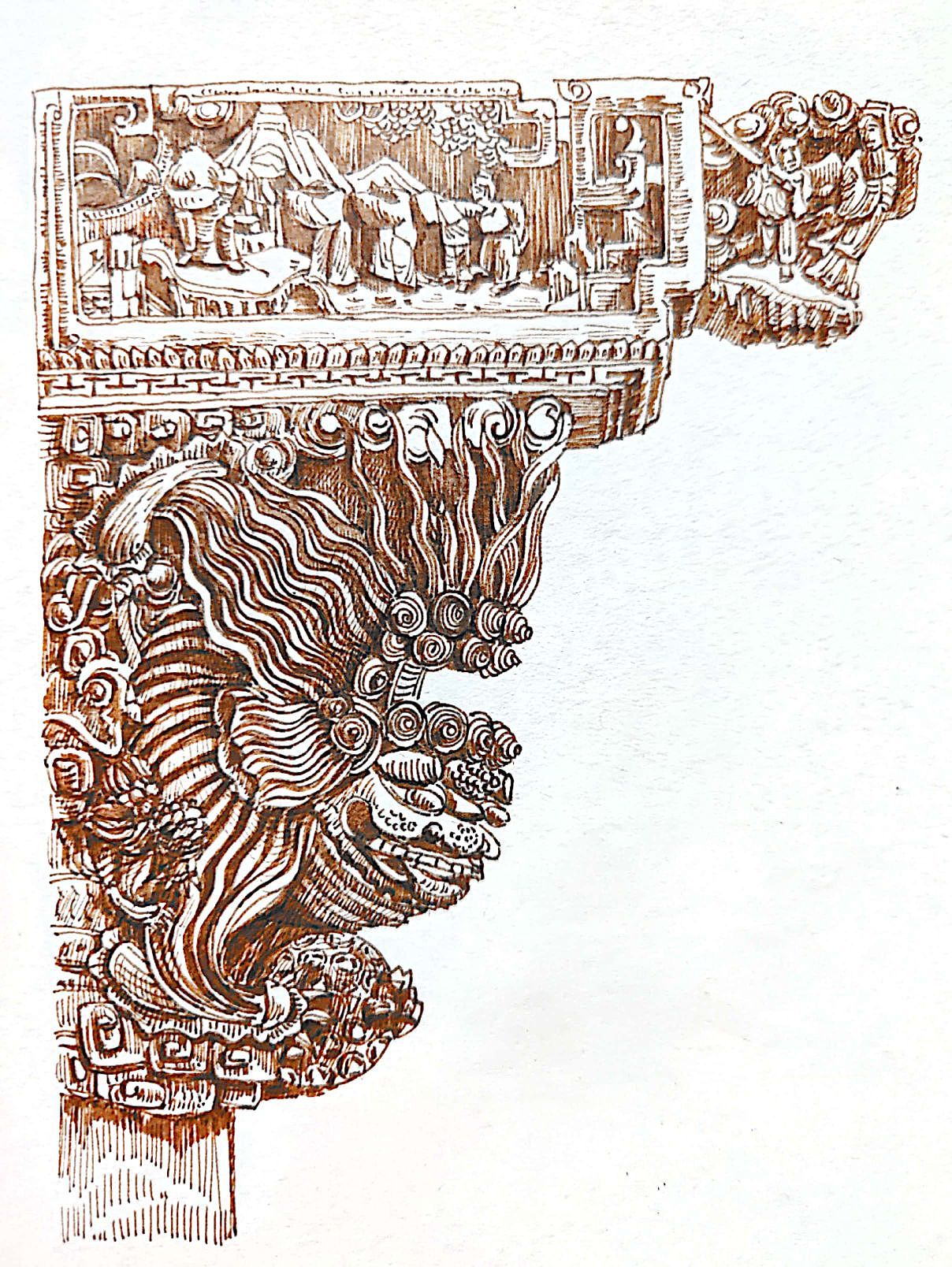 建筑木雕牛腿钢笔画