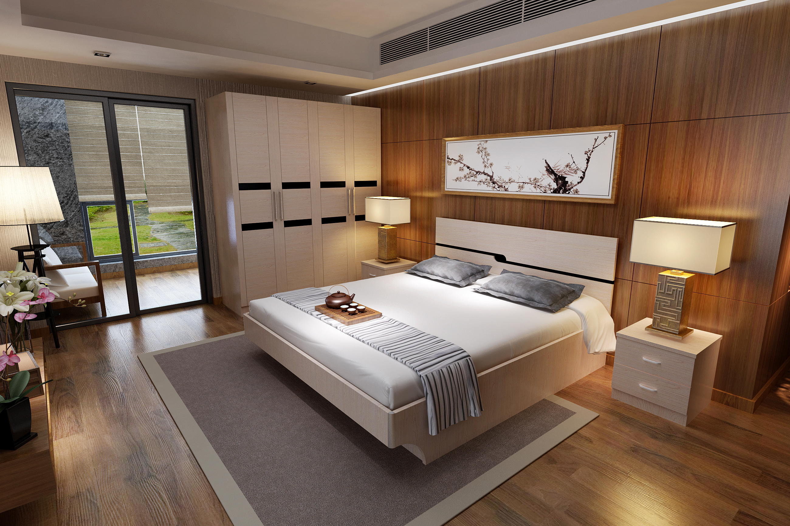 现代美式卧室红木床头柜装修效果图图片素材-编号28972159-图行天下