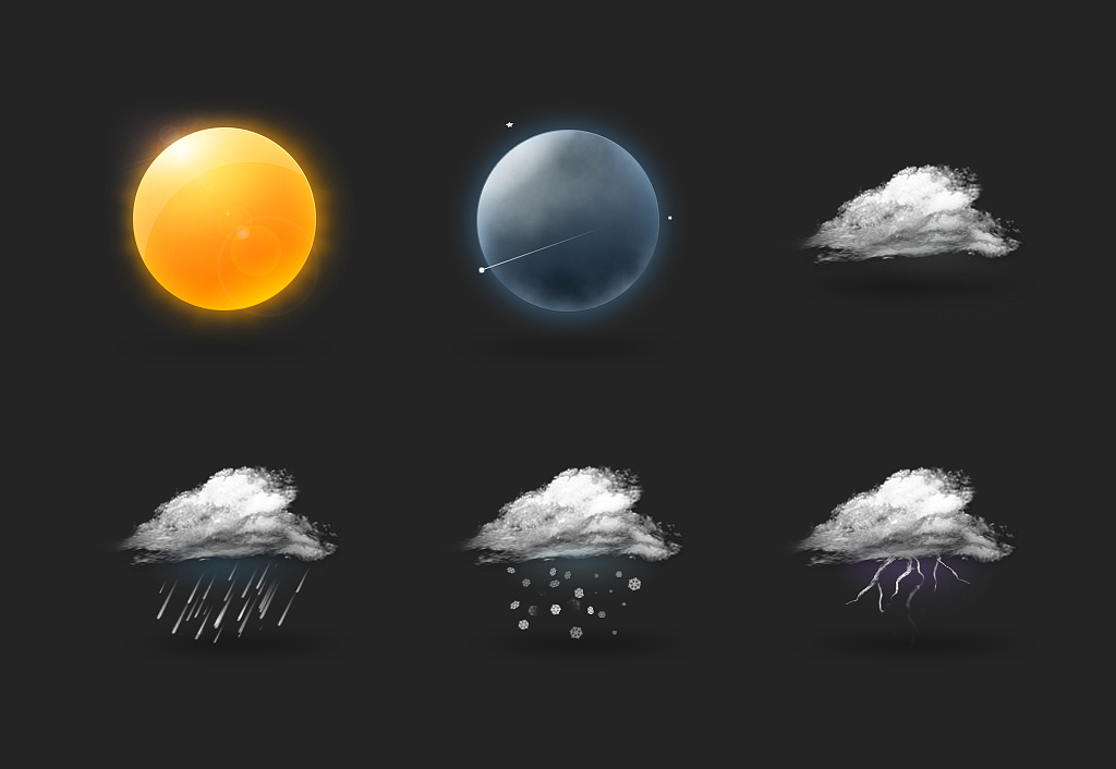 GUI设计 天气图标 拟物化图标 天气控件 太阳 多云 雷 电 雨 雪 月亮（图ZMzM3Mjg2NDg=） - 图标 - 站酷设计师小白厂原创素材 - 站酷ZCOOL