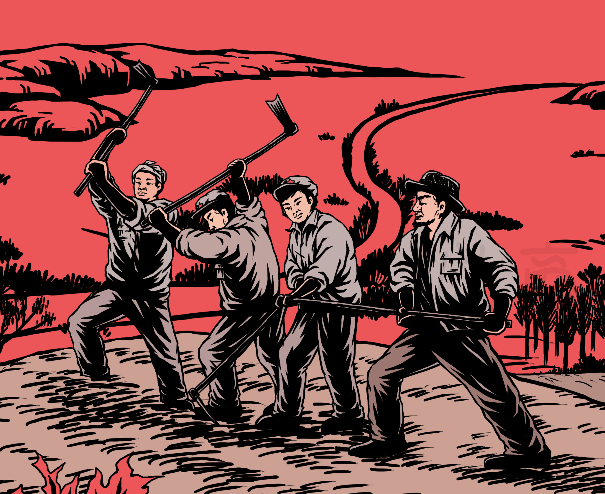 版画风格红色革命题材延安系列插画三张