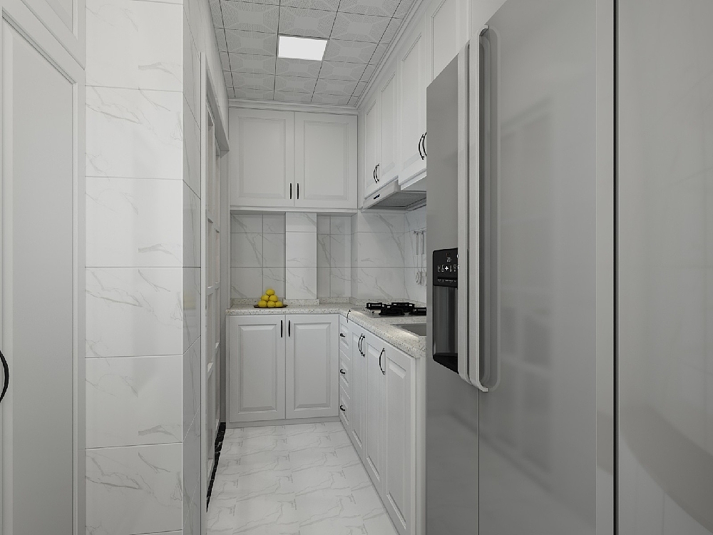 因为厨房完全是一个暗室所以橱柜跟砖都选用了白色