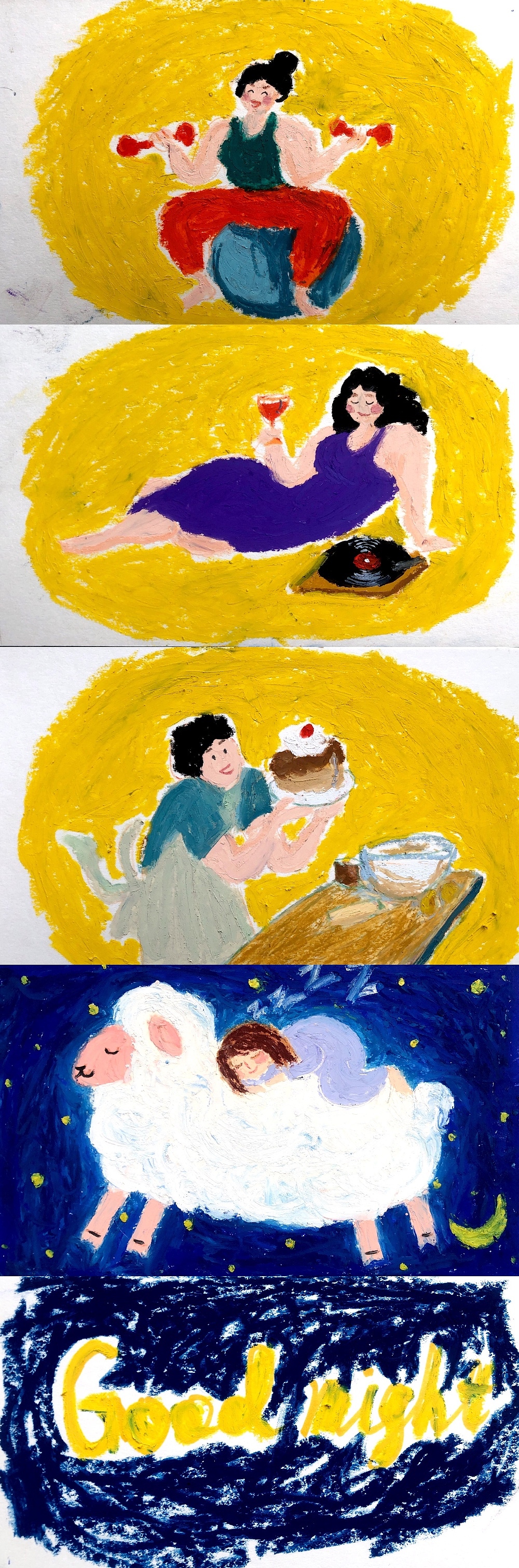 油画棒绘本《睡不着》（图ZMzA0MjgzMTgw） - 绘本 - 站酷设计师爱茶O原创素材 - 站酷ZCOOL