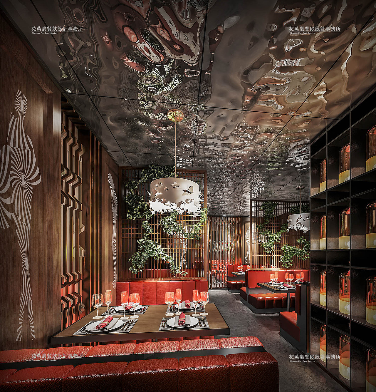 餐厅的气质是一种既生态又工业的揉合,冲突中带有平衡,冷静中包裹热烈。天花与墙面使用波纹板,其优雅的纹路与图案,让空间充满艺术气息。
<br>