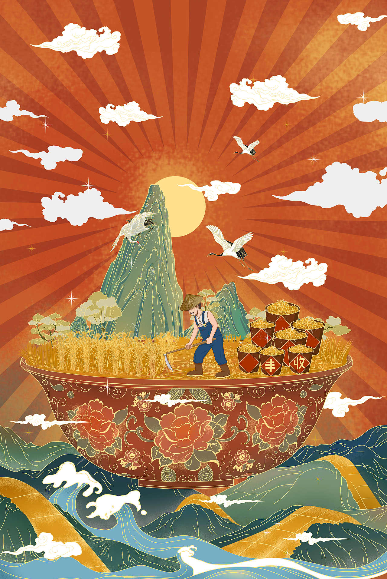 国潮雪谷稻米东北五常大米插画包装设计