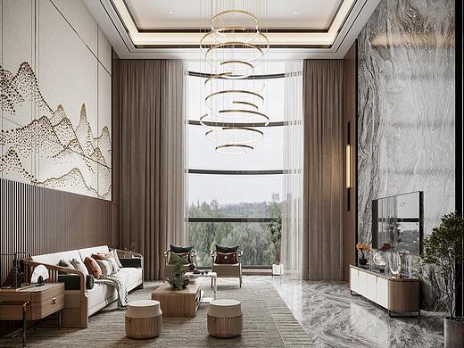 新中式挑空别墅客餐厅 ▏混沌空间写实表现