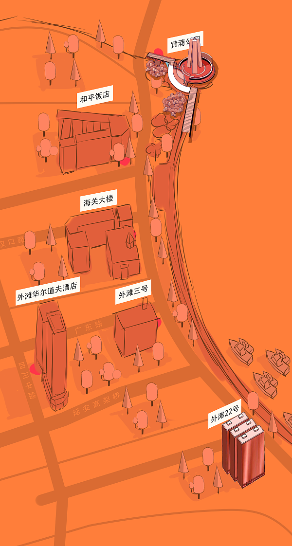 上海外滩.手绘地图.标志建筑物