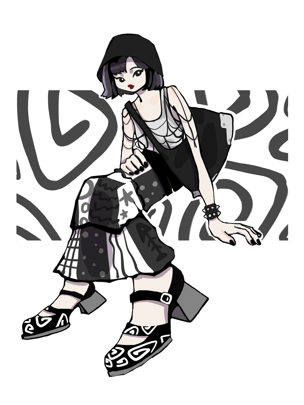 “小怪圈”黑白粗跟小皮鞋