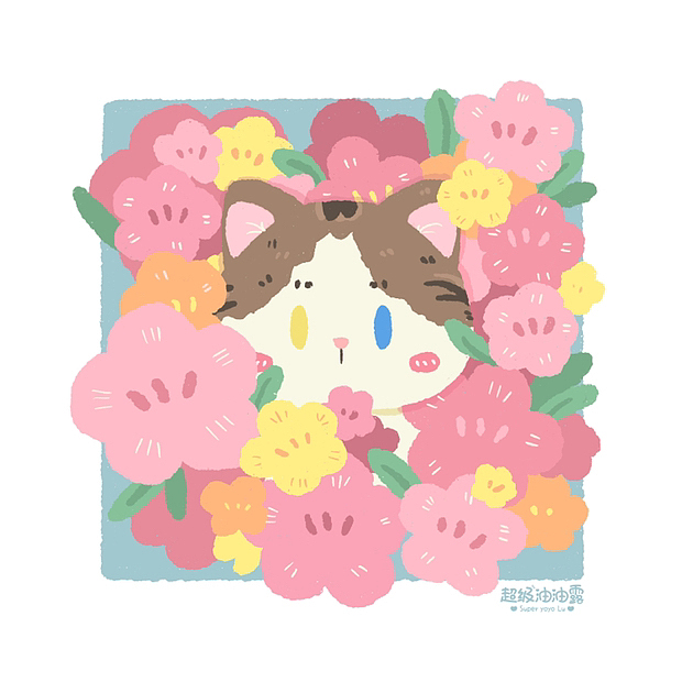 小动物插画|花丛中的小猫咪