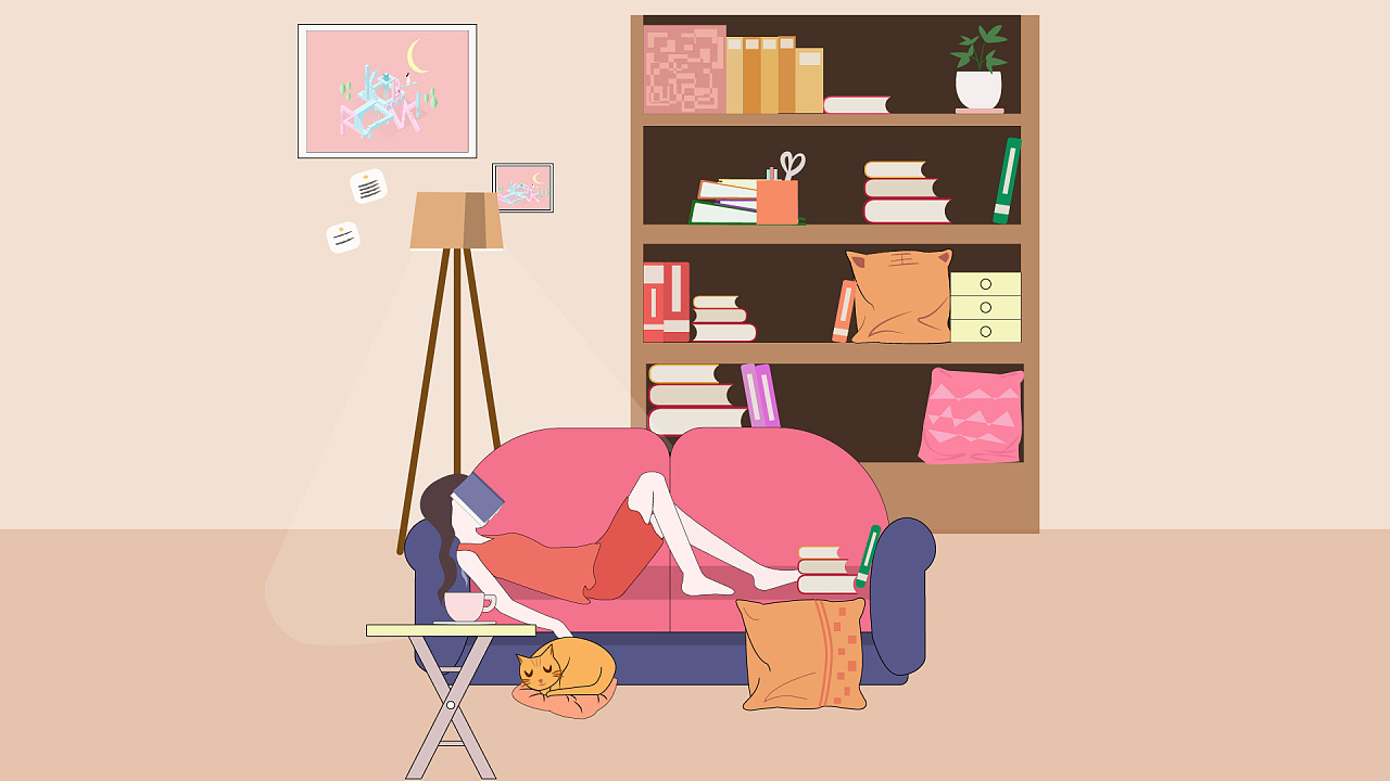 假期周末少女快乐慵懒生活场景