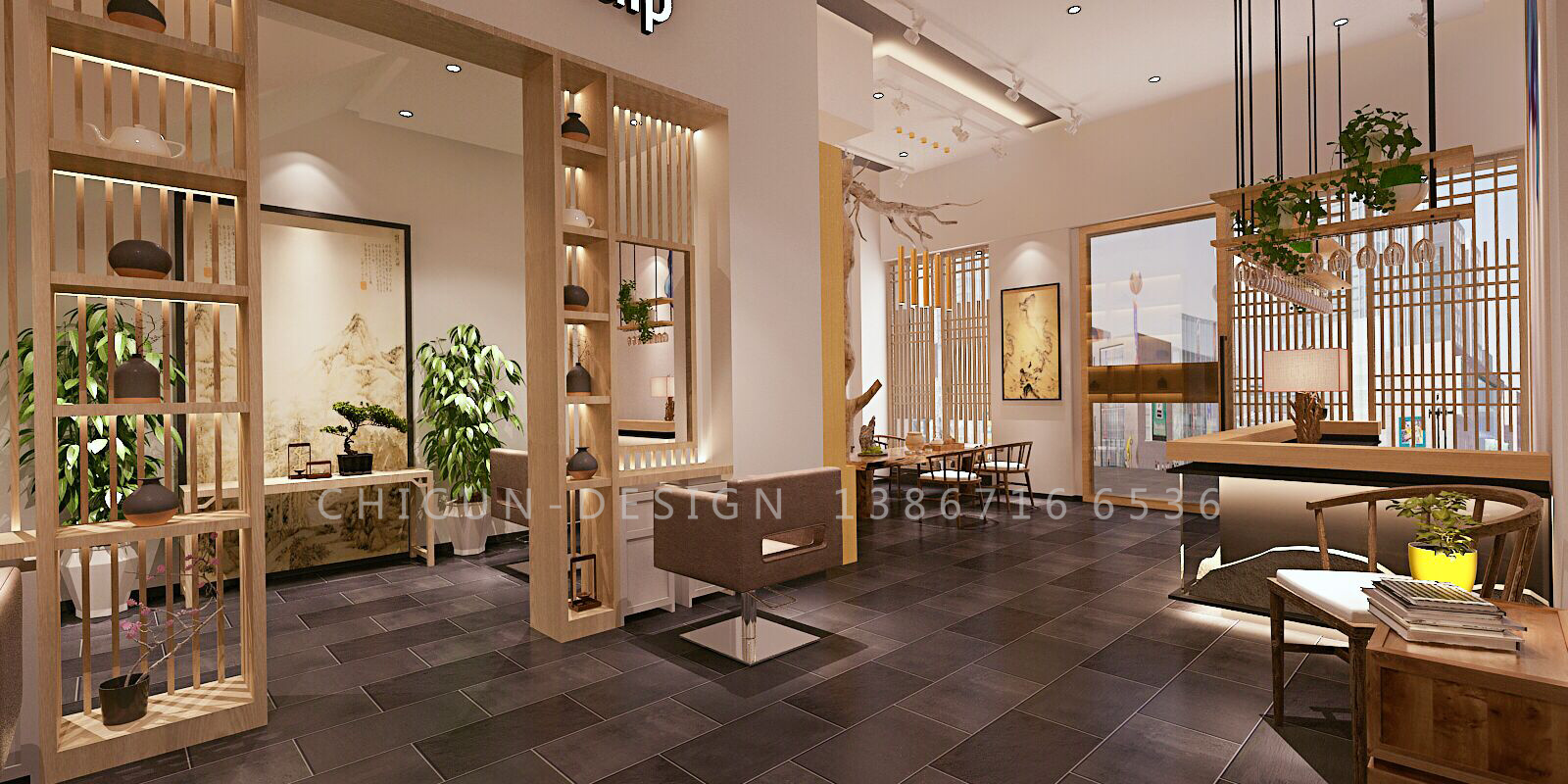 尺寸设计|芨草养发馆空间设计 发廊新中式设计效果图