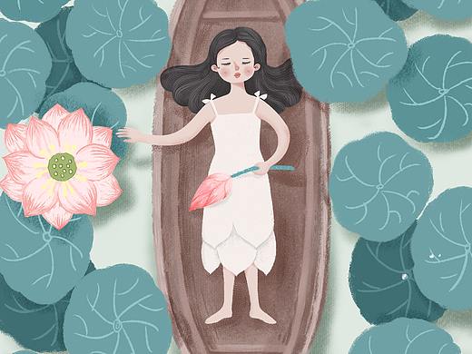 夏季穿白裙的小女孩儿躺在荷花池的木船上