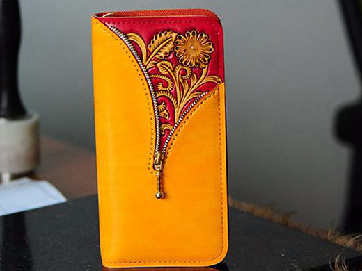 中国风创意红色拉链皮雕钱包