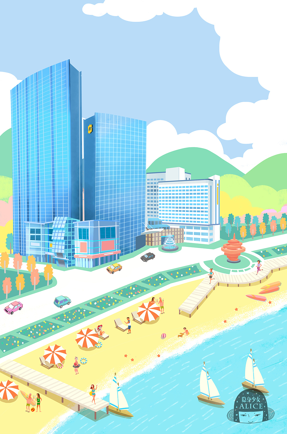海边建筑插画 青岛香格里拉酒店插画海报动图