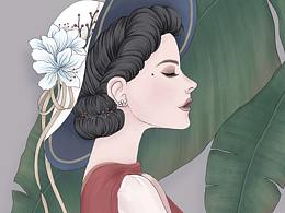 復(fù)古優(yōu)雅的帽子女士與芭蕉葉插畫