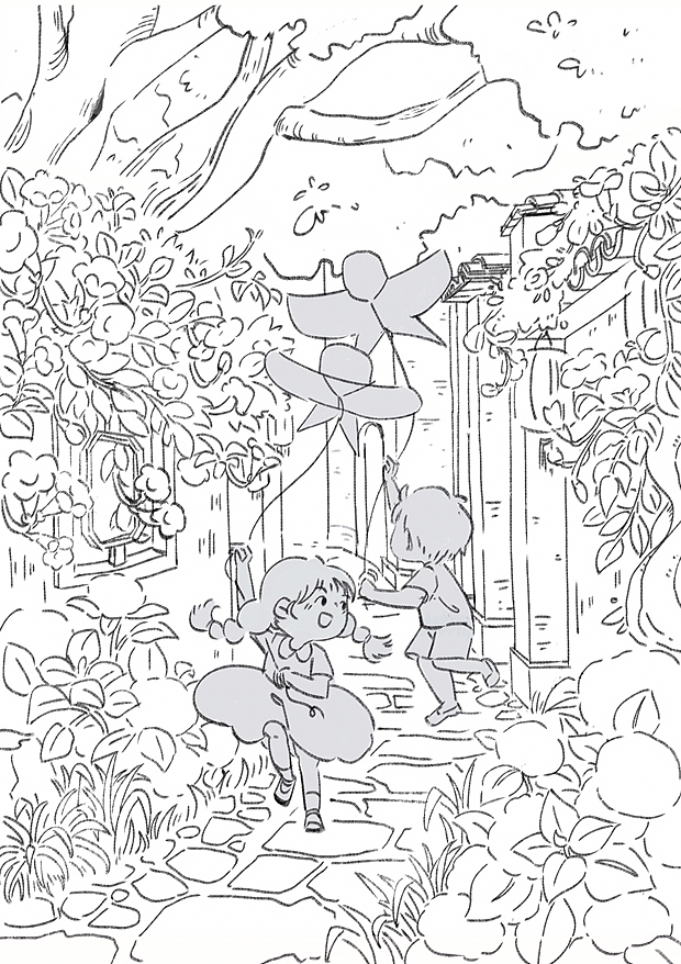 夏日物语系列之端午放纸鸢线稿