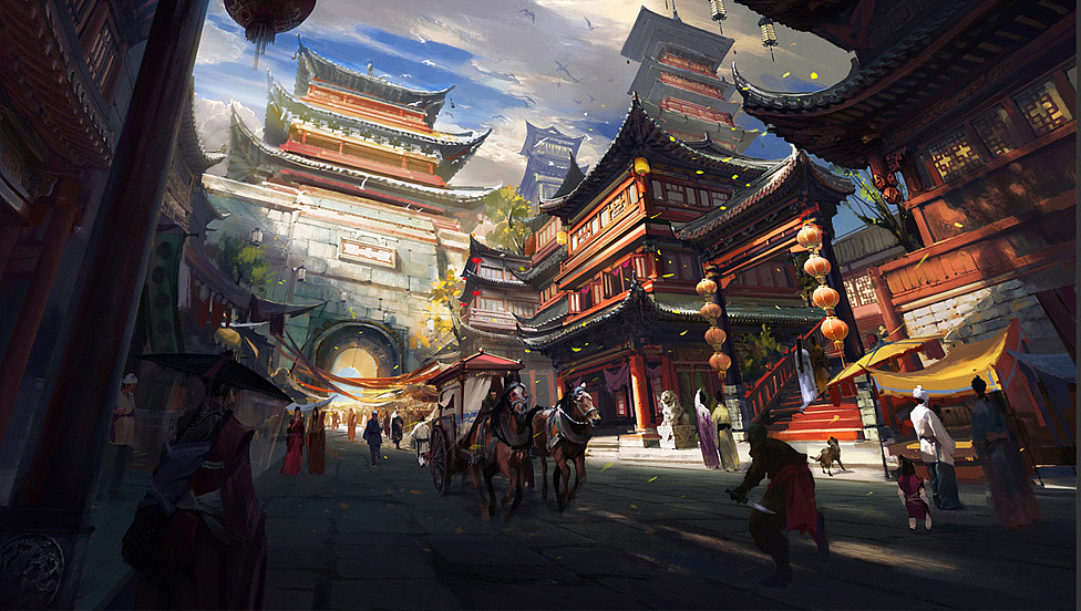 最后我将整体的透视感调节的更加夸张一些，这样会让画面更有气势，建筑显得更加宏大，让视觉上多一分冲击，加入主要的几个人物间的关系，让画面更有故事性，加入刺客类型的人物主要是想体现江湖厮杀的突然性，这样可以让视线多停留一些，接着就是无限的细化过程，尽量耐心的做，直到完成