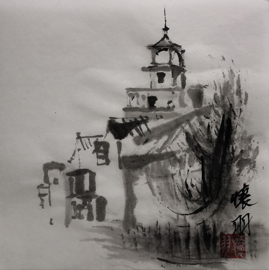怀羽水墨画碉楼 中国画
