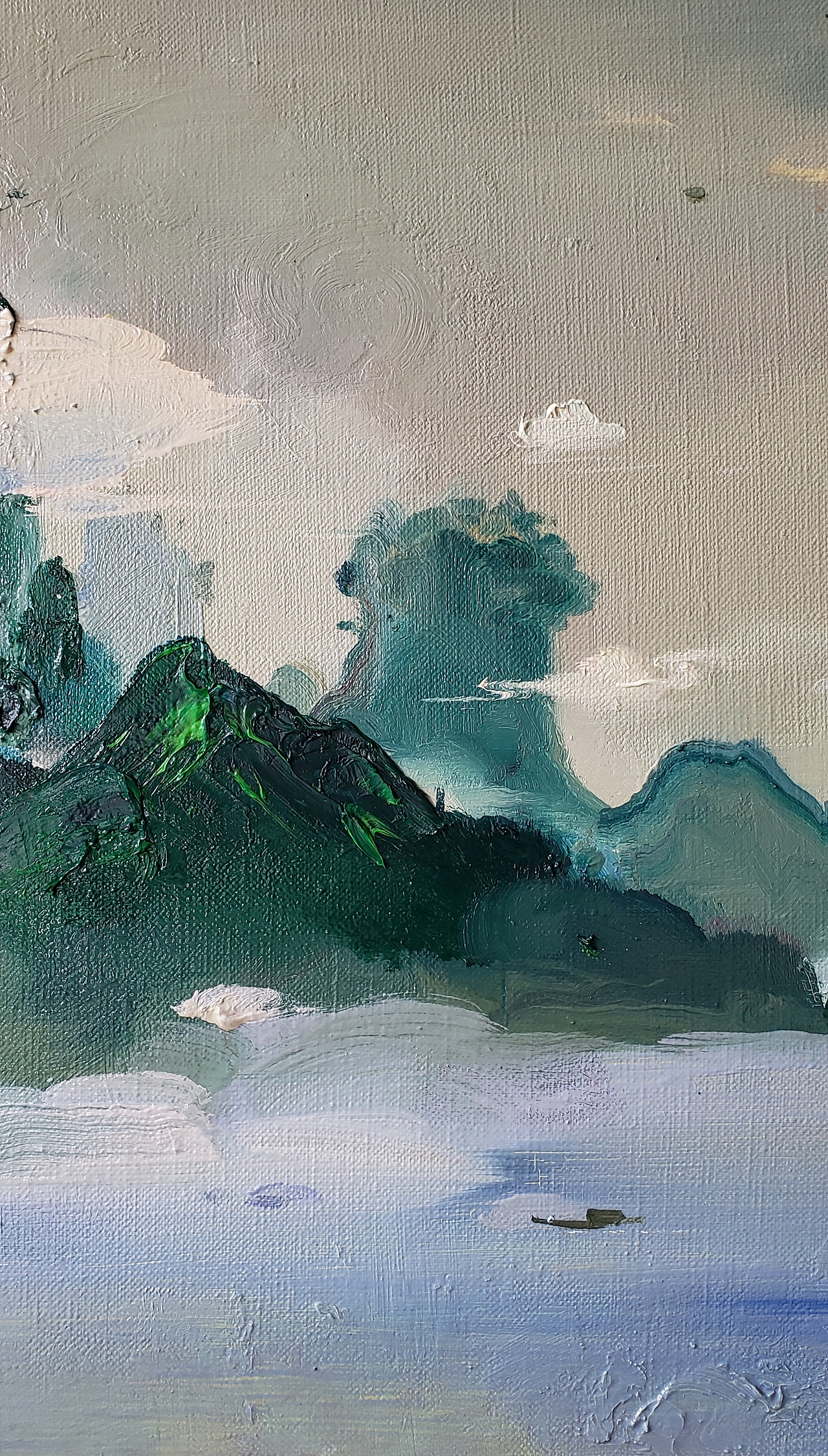 写意油画山水北冥归舟图