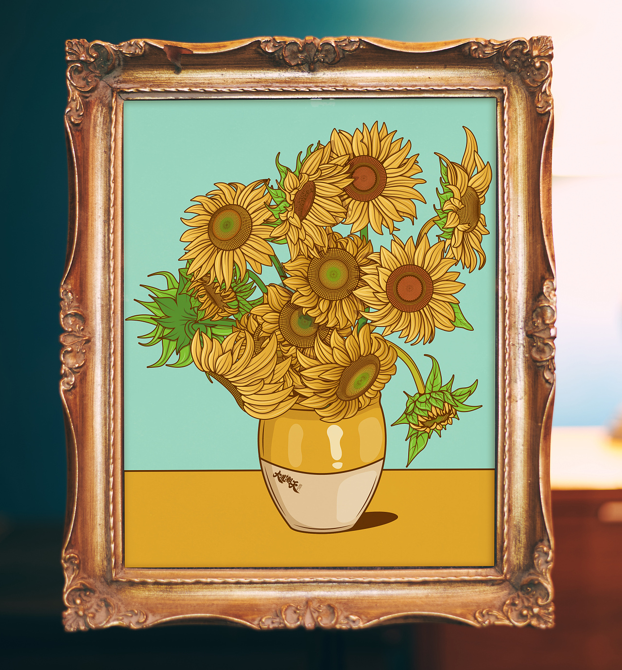 用新的绘画方式表现梵高向日葵插画