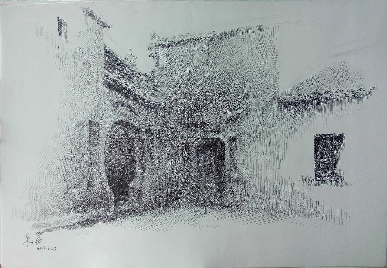 安徽西递,屏山钢笔画写生