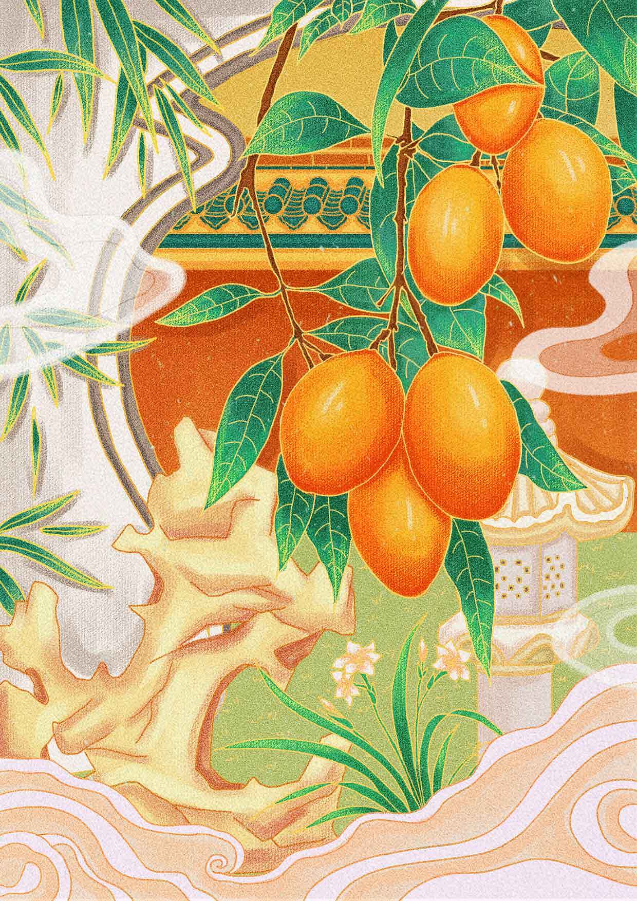 原创中国风夏季水果芒果插画
