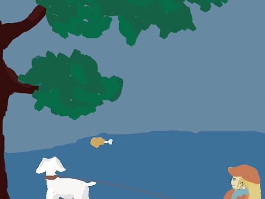 树下牵着狗的女孩