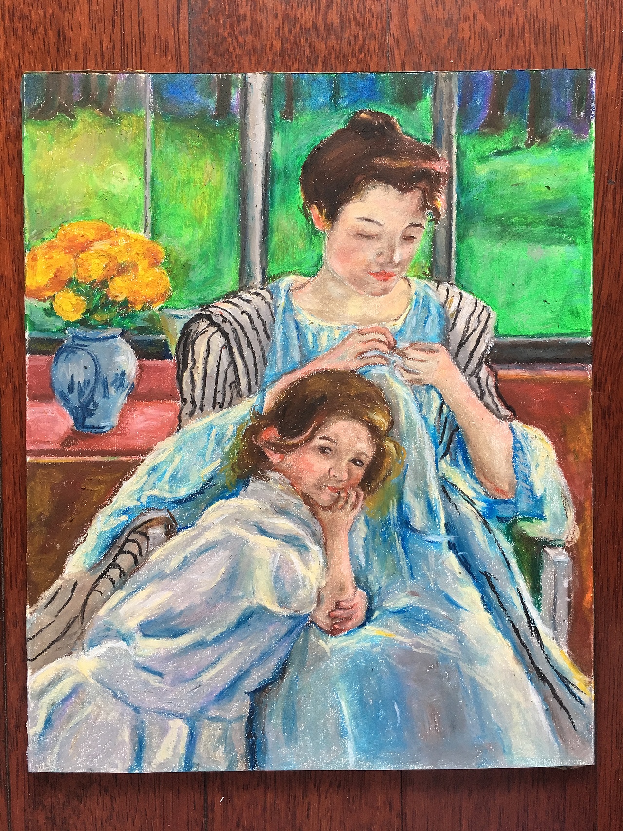 油画棒练习分享之玛丽卡萨特在缝纫的年轻母亲