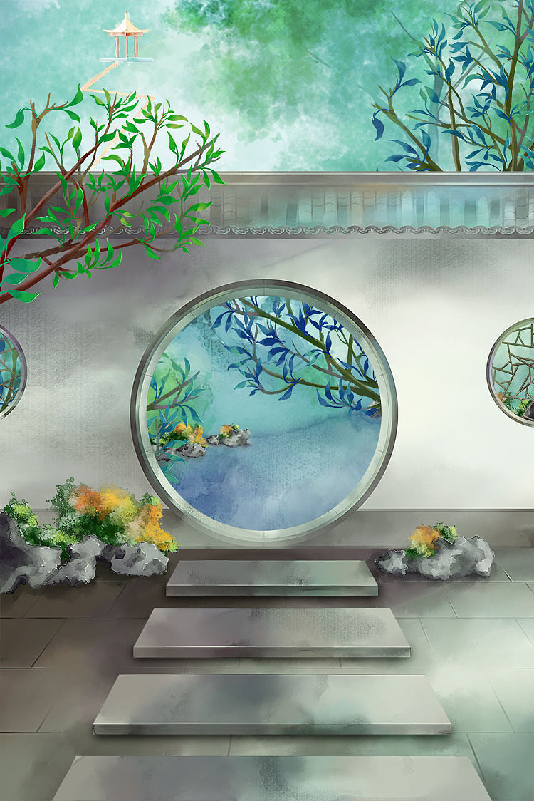 PS古典建筑场景中国风庭院游戏背景水彩插画海报设计