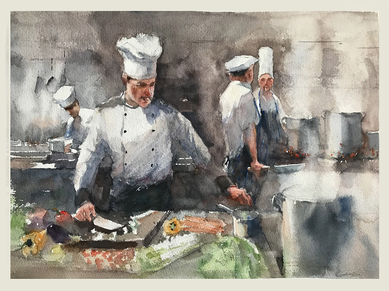 夏宇航水彩画《西餐厨师》