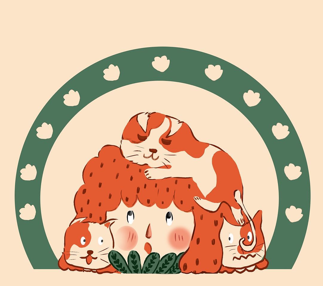 画着可爱的女孩与猫