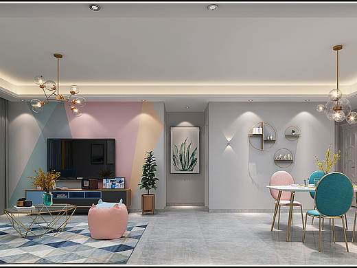北欧粉色客餐厅 1992效果图