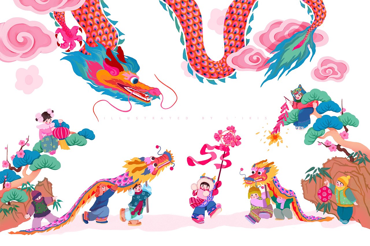新春国风插画 |《欢喜龙腾过大年》（图ZMzYwMDcwOTIw） - 商业插画 - 站酷设计师石榴LIRIS原创素材 - 站酷ZCOOL
