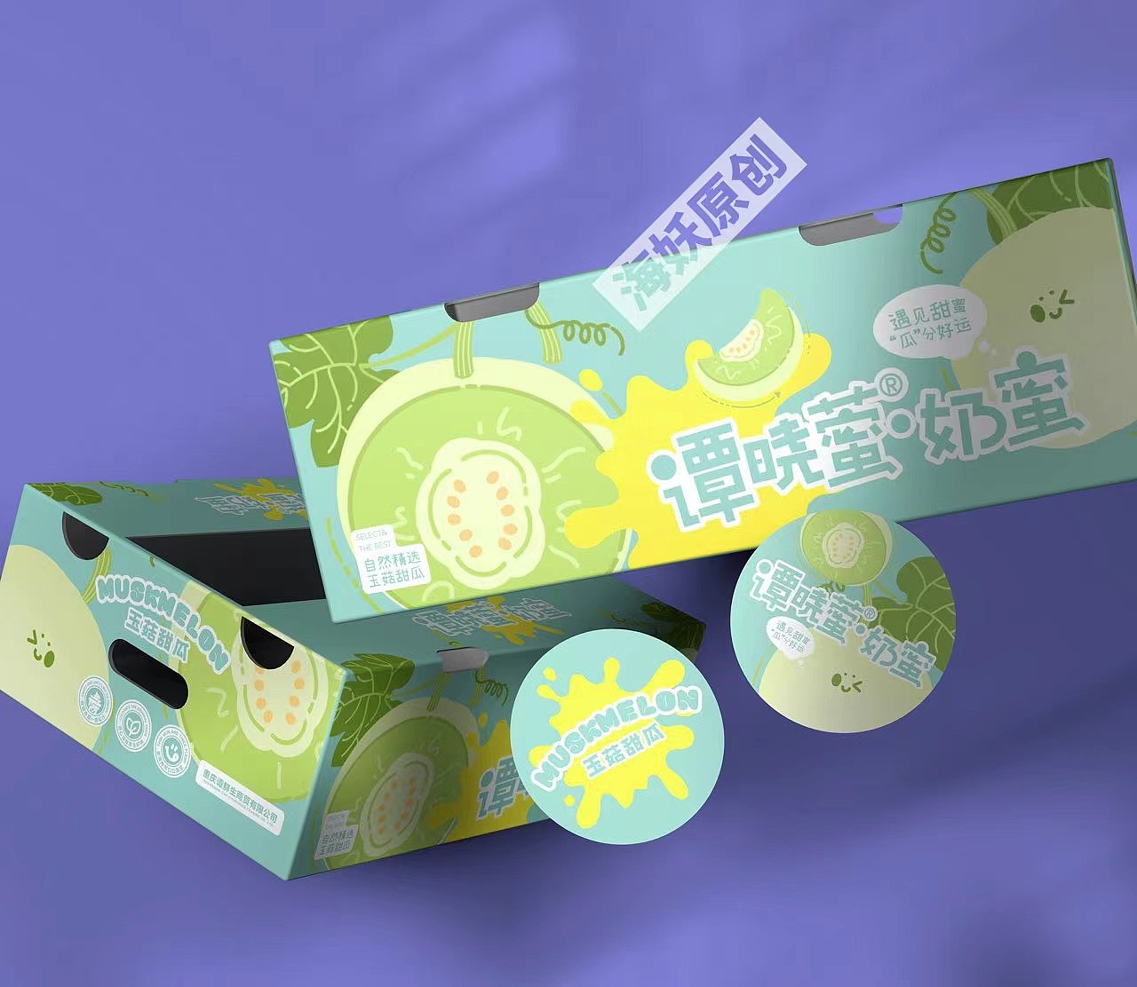 ｛原创｝玉菇甜瓜水果礼盒手绘插画包装设计