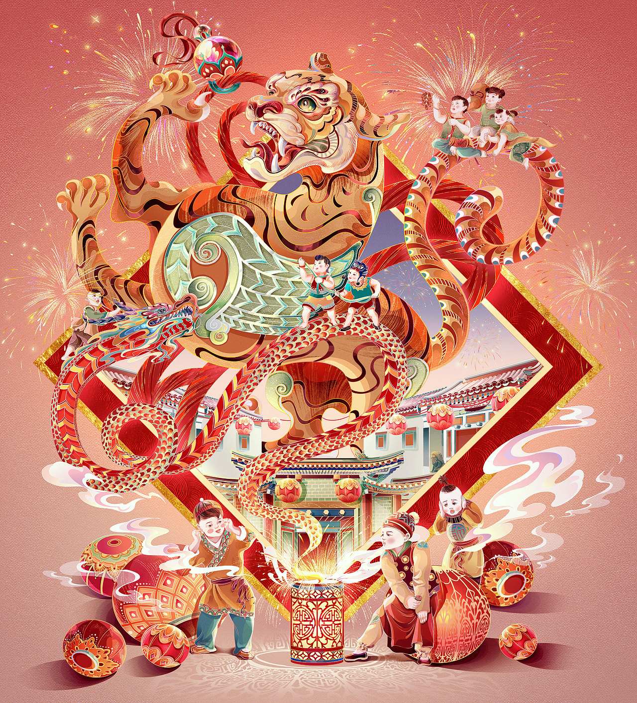 龙腾虎跃贺新春 - 2022虎年春节插画（图ZMjgxNTE0ODYw） - 商业插画 - 站酷设计师李耀辉TONG原创素材 - 站酷ZCOOL