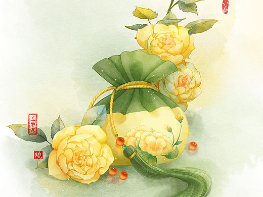 手绘月季荷包