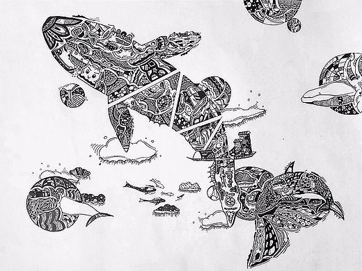 黑白装饰画《惊鱼:whale:》  纯手绘