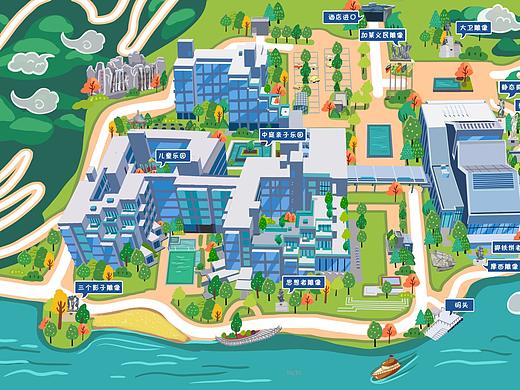 希尔顿酒店手绘地图定制景区度假山村乡镇城市旅游设计