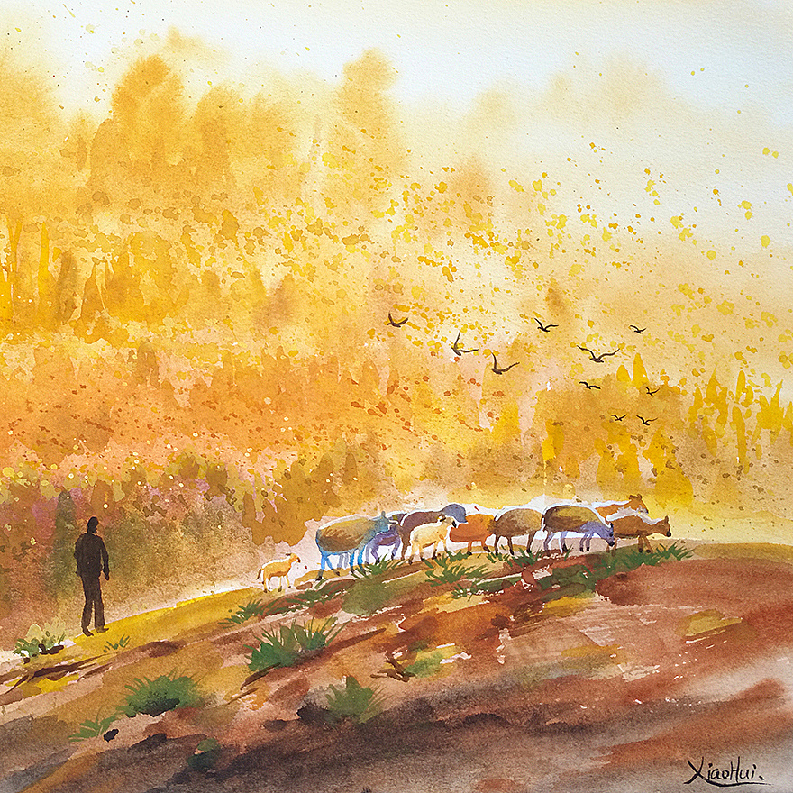 《黄昏》原创水彩作品