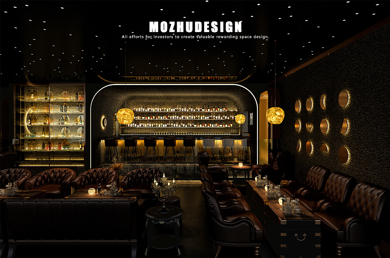 魔金威士忌酒吧设计|星空主题酒吧设计|酒吧卡座区设计效果图