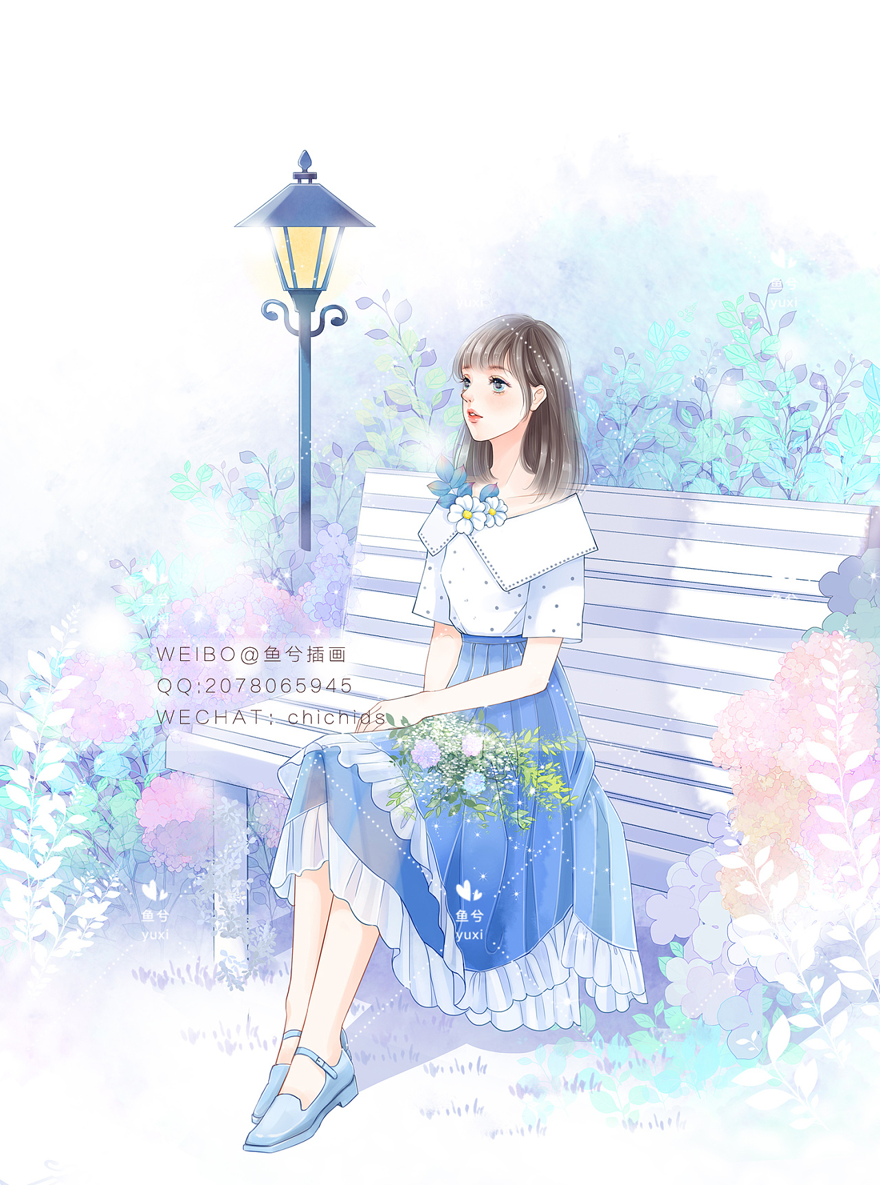 鱼兮原创插画——路灯下的小女孩
